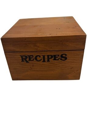 Vtg Wooden Recipe Box Hinged Lid Two Compartments Recipe Dividers Engraved